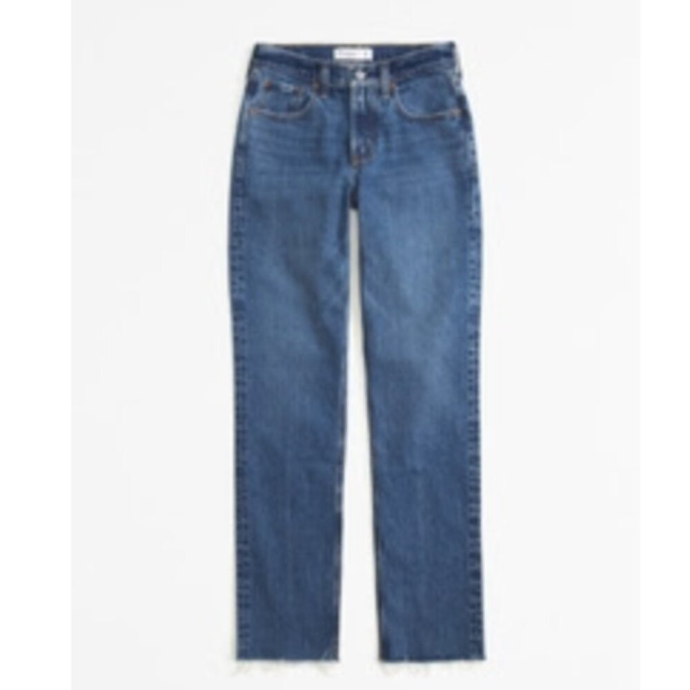 Abercrombie & Fitch Curve Love Mid Rise 90s Straight Jean Dark Raw Hem 27 NEW